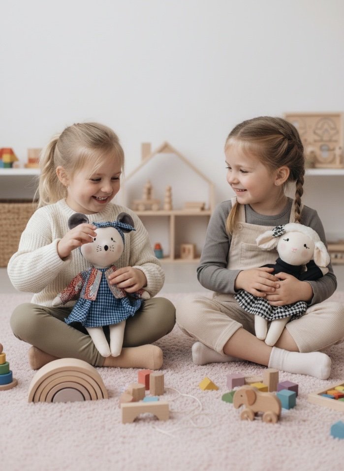 ratinha e ovelhinha, bonecos de pano da marca registada triki fabric dolls