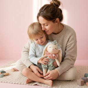 crinaça abraçada com a mãe e o seu boneco de pano