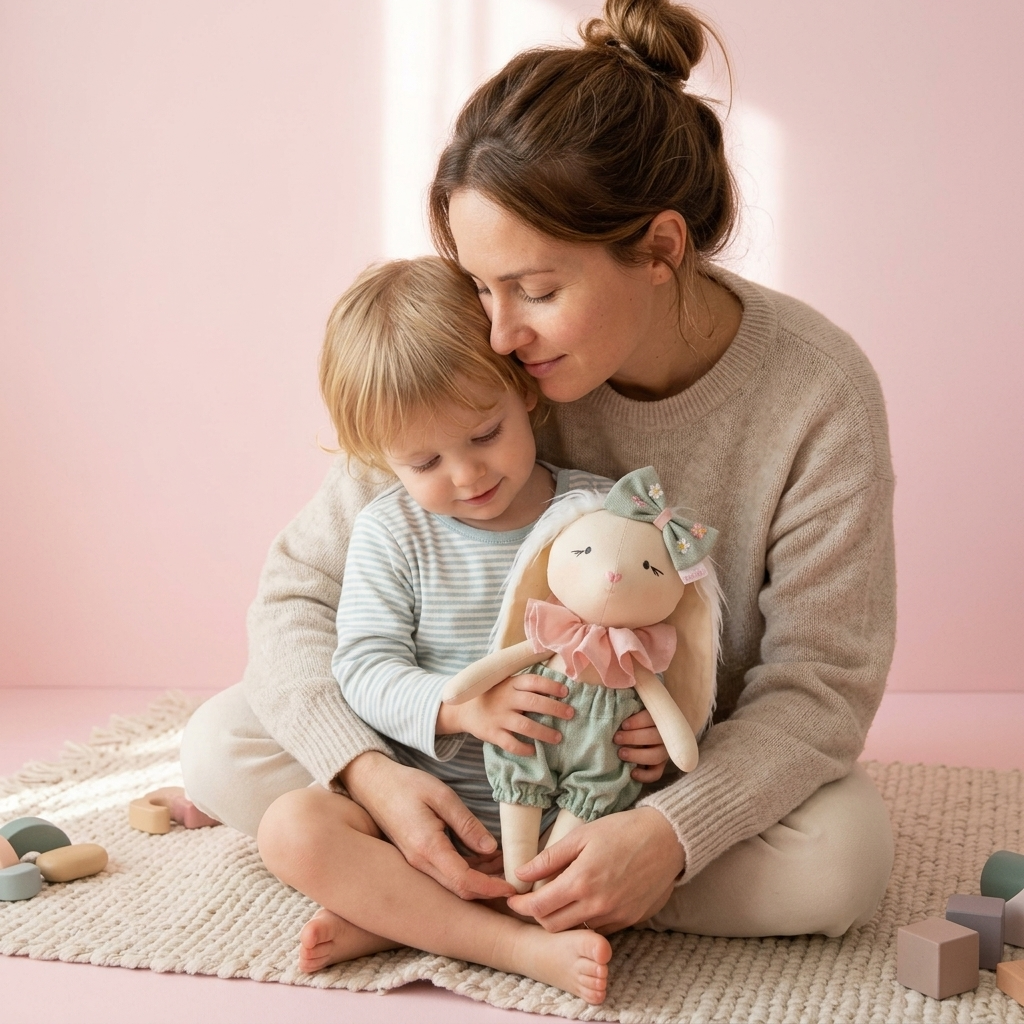 crinaça abraçada com a mãe e o seu boneco de pano